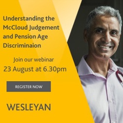 Promotional banner for Wesleyan webinar on McCloud judgment at 6:30pm on 23rd August 2022