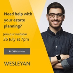 Promotional banner for Wesleyan webinar on estate planning at 7pm on 26th July 2022